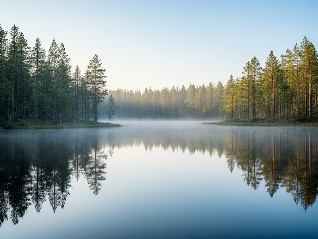 Bred vy av en lugn skandinavisk naturmiljö med en spegelblank sjö omgiven av barrskog i tidig morgon, symboliserande klarhet, ro och balans