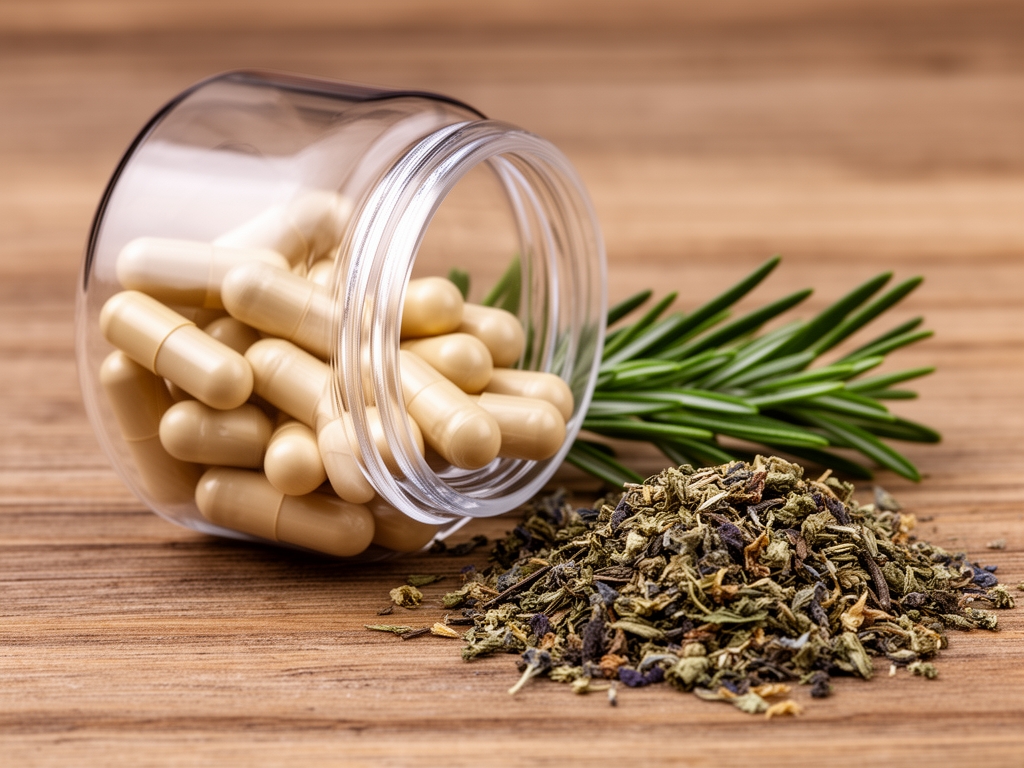 Öppnad genomskinlig burk med beige kapslar utan etikett bredvid torkade örter och en kvist rosmarin på en naturlig trägrundbakgrund