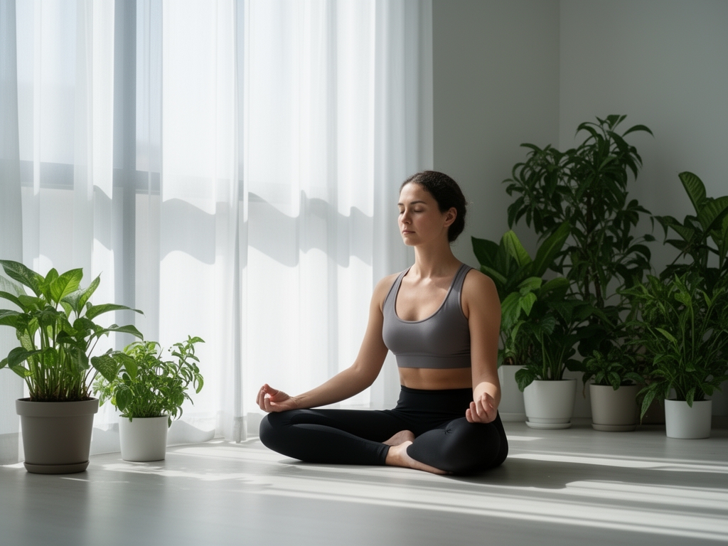Person som sitter i meditationsposition vid fönster med dagsljus och mjuka skuggor, omgiven av växter och en ren minimalistisk inredning